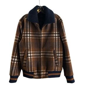 ZARA Plaid Brown White Plaid Bomber Jacket with Navy Collar $79